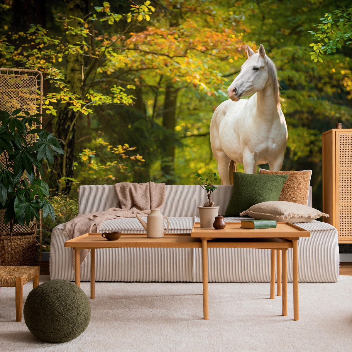 FOTOTAPETE für Schlafzimmer Weißes Pferd Wald Bäume Blätter 250x175 - Gelb/Beige, Papier (250/175cm) - Muralo