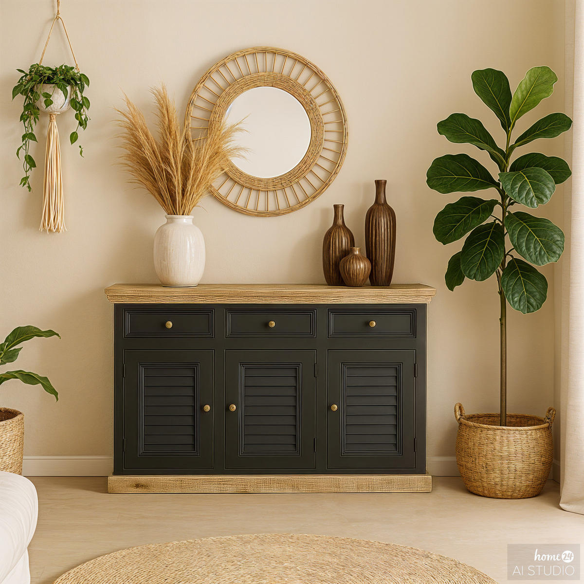 SIDEBOARD - Mango massiv, mit 3 türen - Schwarz, Holz (140/90/40cm) - home24