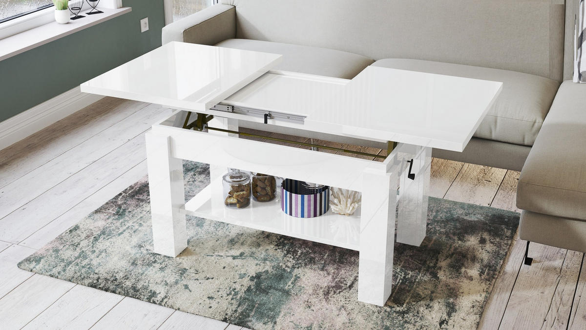 COUCHTISCH rechteckig Weiß Hochglanz ausziehbar höhenverstellbar - Weiß Hochglanz, Holzwerkstoff (68/110/59cm) - designimpex