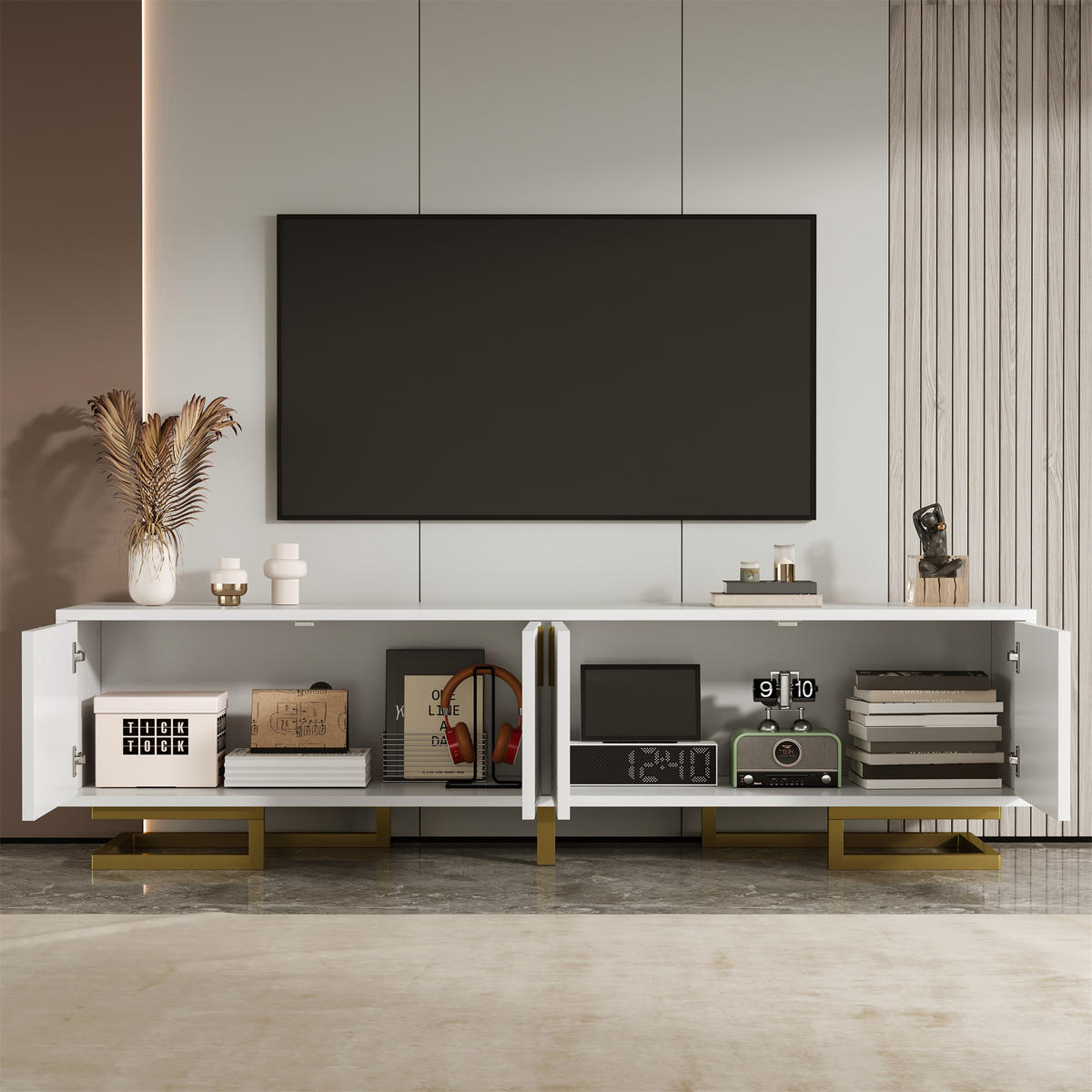TV Lowboard Strukturfront, Schubladen, goldene Griffe, Weiß - Weiß, Holz (160/38/44cm)