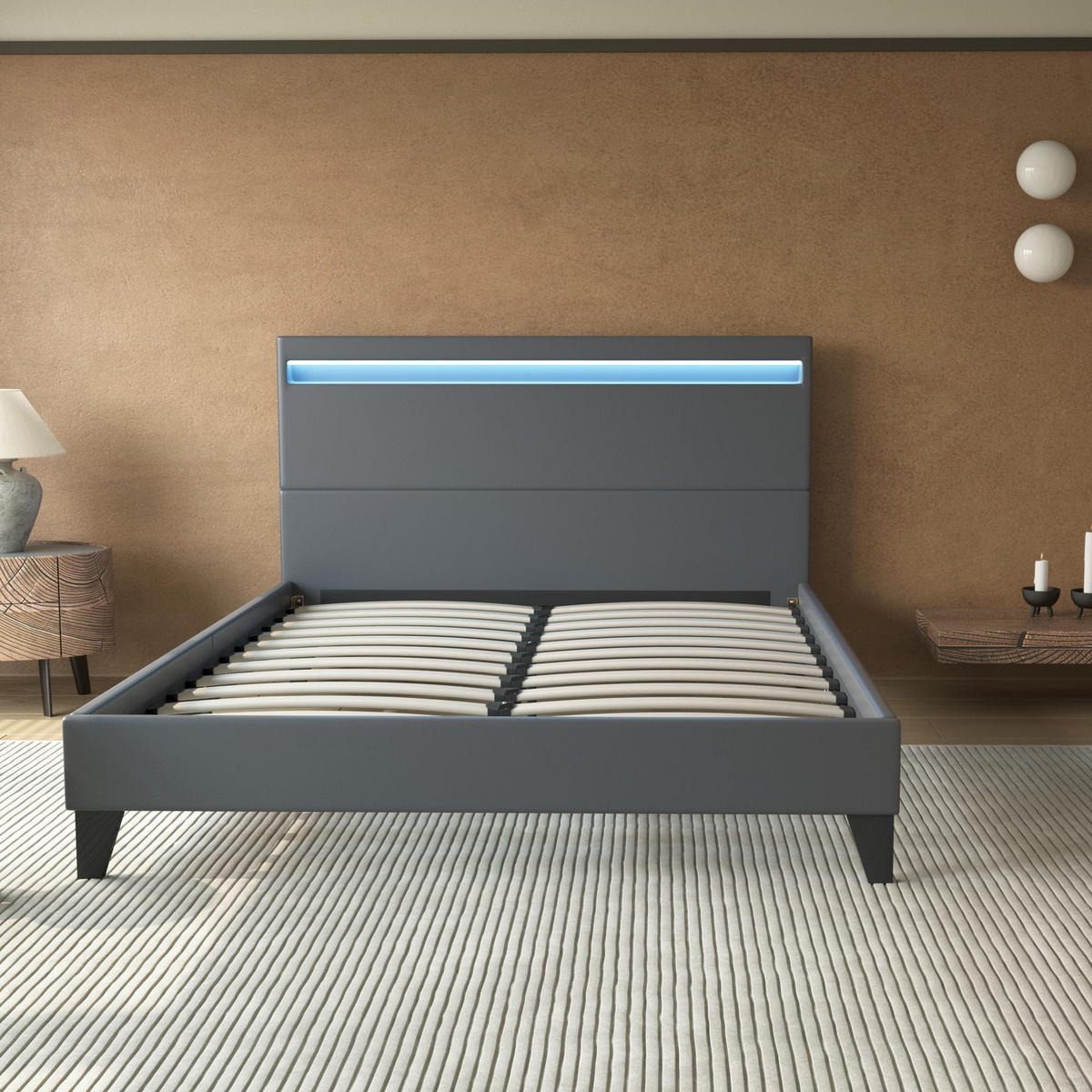 BETT 160x200 cm mit Kopfteil aus grauem Kunstleder - Grau, Naturmaterialien (160/200cm) - November Sleep