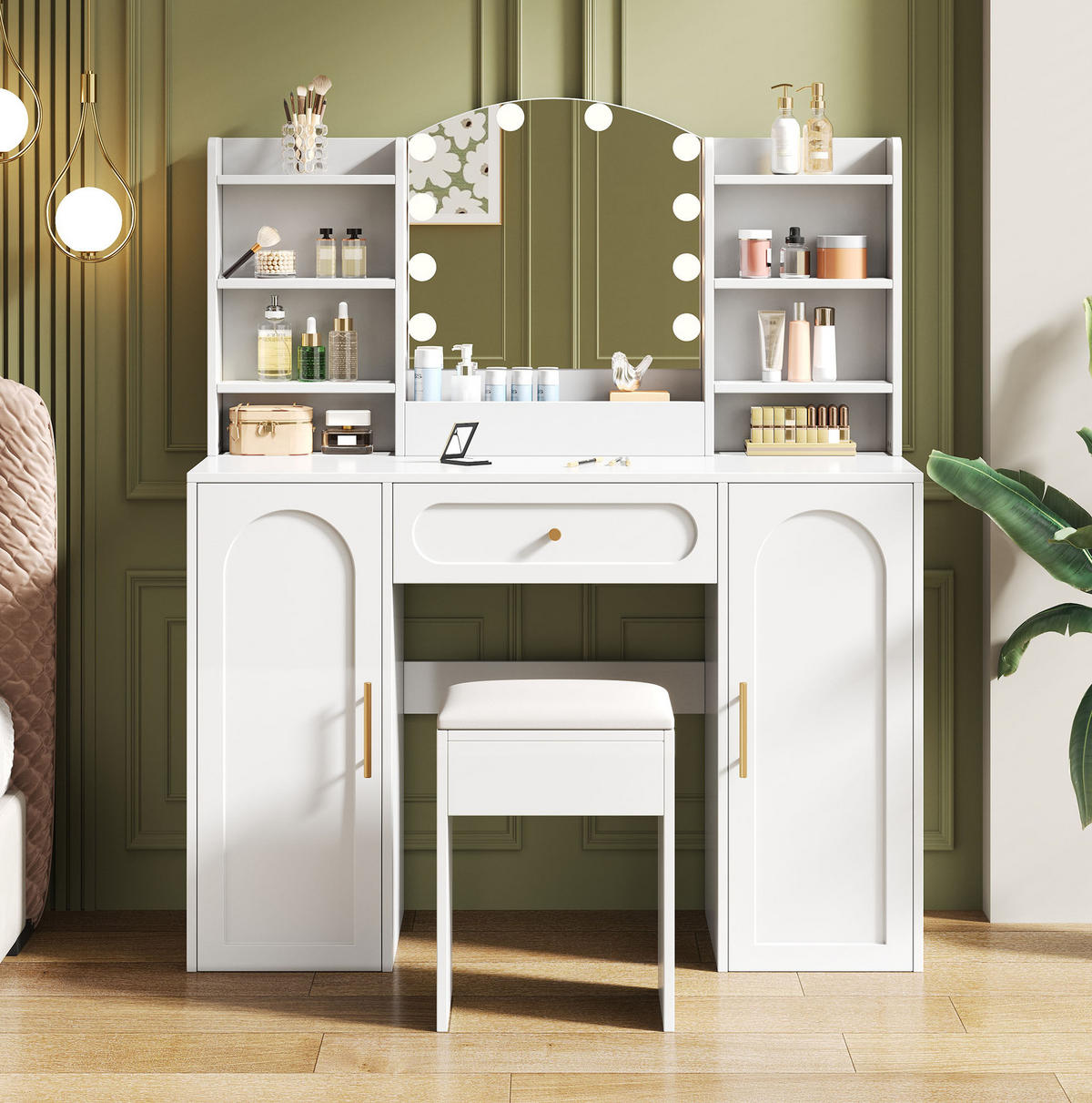 SCHMINKTISCH aus MDF und Spanplatte 110x40x132 cm Weiß mit LED-Spiegel, Hocker, 2 Schränken und Schublade - Weiß, Holzwerkstoff (110/132/40cm) - Modfu