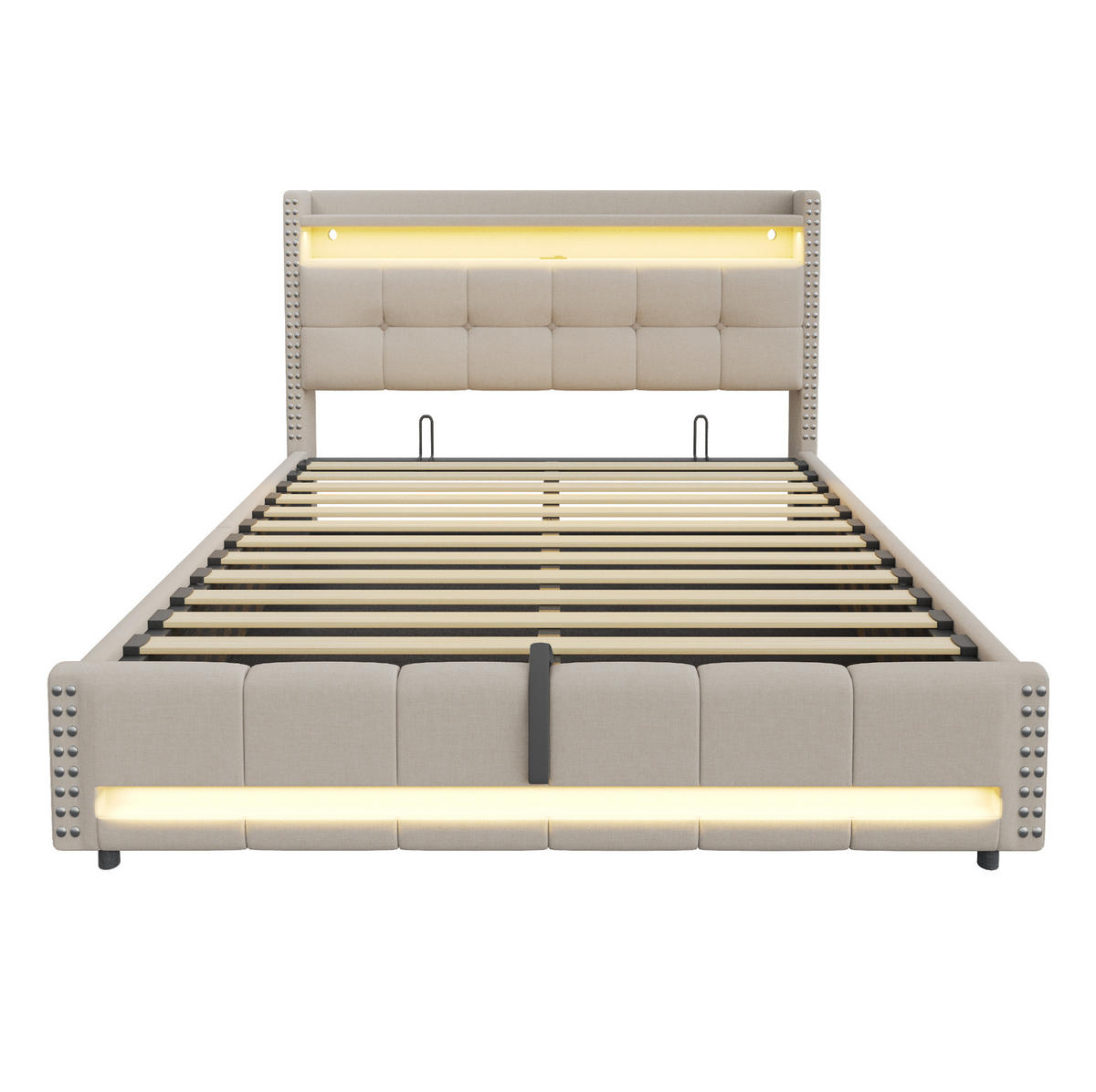 ČALÚNENÁ posteľ 180/200 cm s LED osvetlením, USB portom, úložným priestorom a hydraulickým zdvihom, Béžová - béžová, textil (180/200cm) - Redom