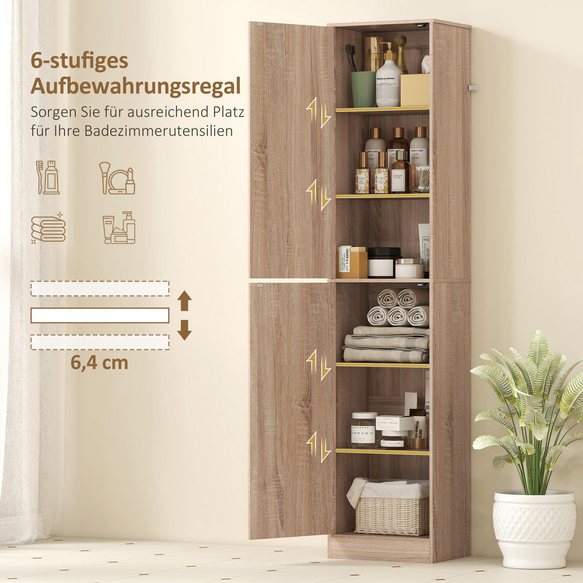 BADRUMSSKÅP smal högskåp med 2 dörrar och justerbara hyllor - Naturfärgad/Silverfärgad, Träbaserade material/Metall (35/180/40cm) - HOMCOM
