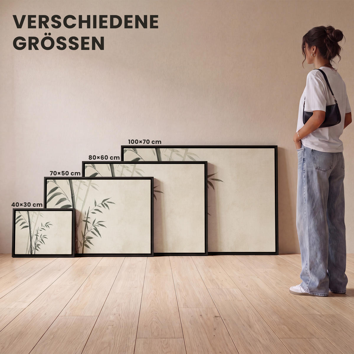 LEINWAND Bilder mit Rahmen - Japandi - Bambus - Beige - 100x70 - Eukalyptusholzfarben, Textil (100/70cm) - MuchoWow