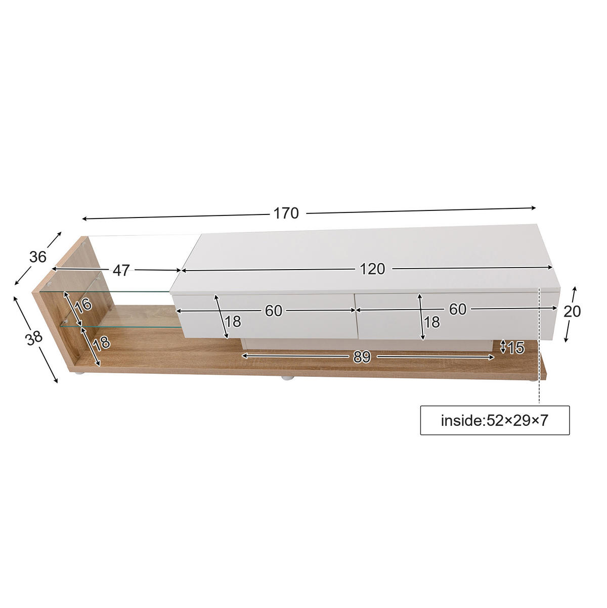 TV-LOWBOARD aus Spanplatte 170x36x38 cm Weiß Hochglanz mit LED-Beleuchtung und 2 Schubladen - Weiß, Holzwerkstoff (170/38/36cm) - IVMEU