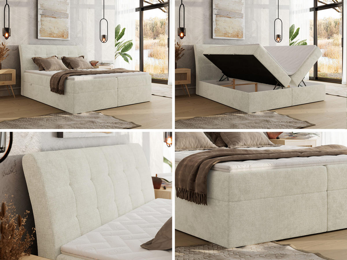 BOXBETT DAGOS 160/200 - Creme Schenille grob gewebt - H3 - Topper T25 - Creme, Textil (160/200cm) - MKS