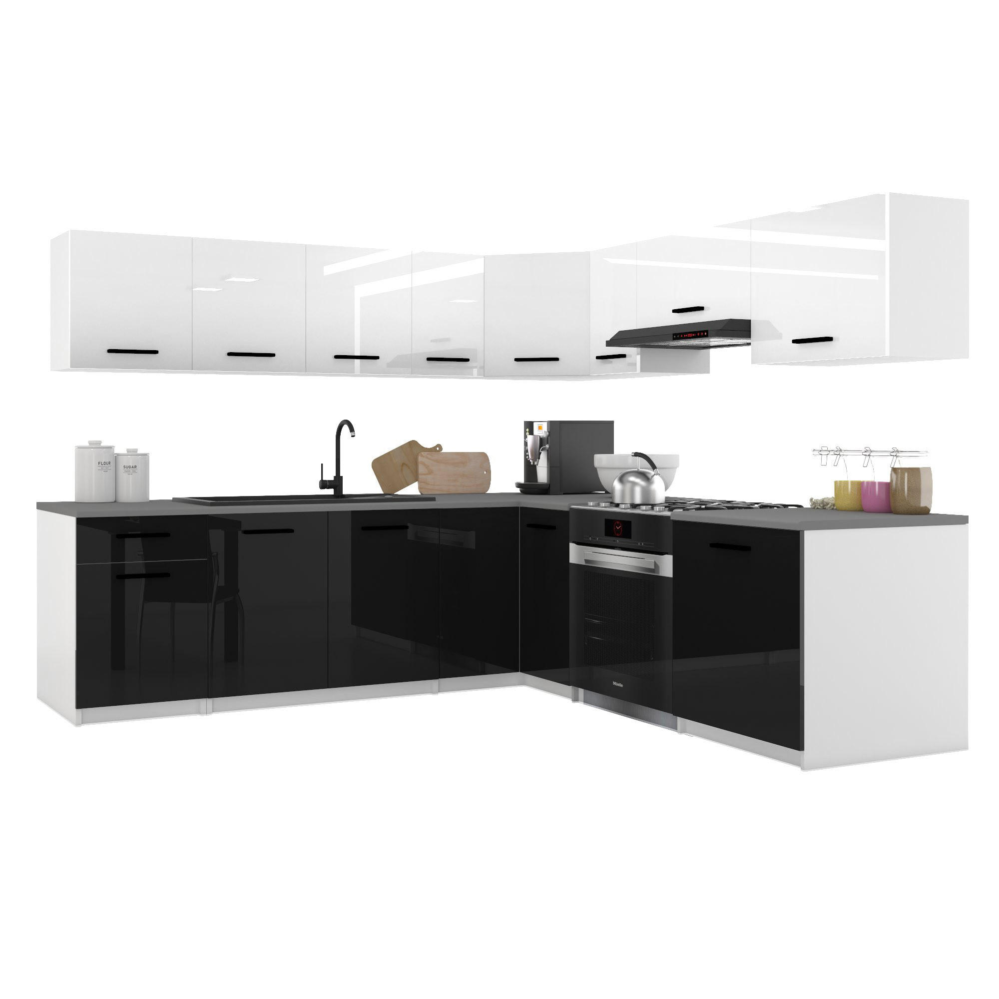 KÜCHENZEILE Italia 7 420 cm , mit Arbeitsplatten, Weiß-Schwarz - Schwarz/Weiß, Holz (420/143/60cm) - B BELINI GROUP