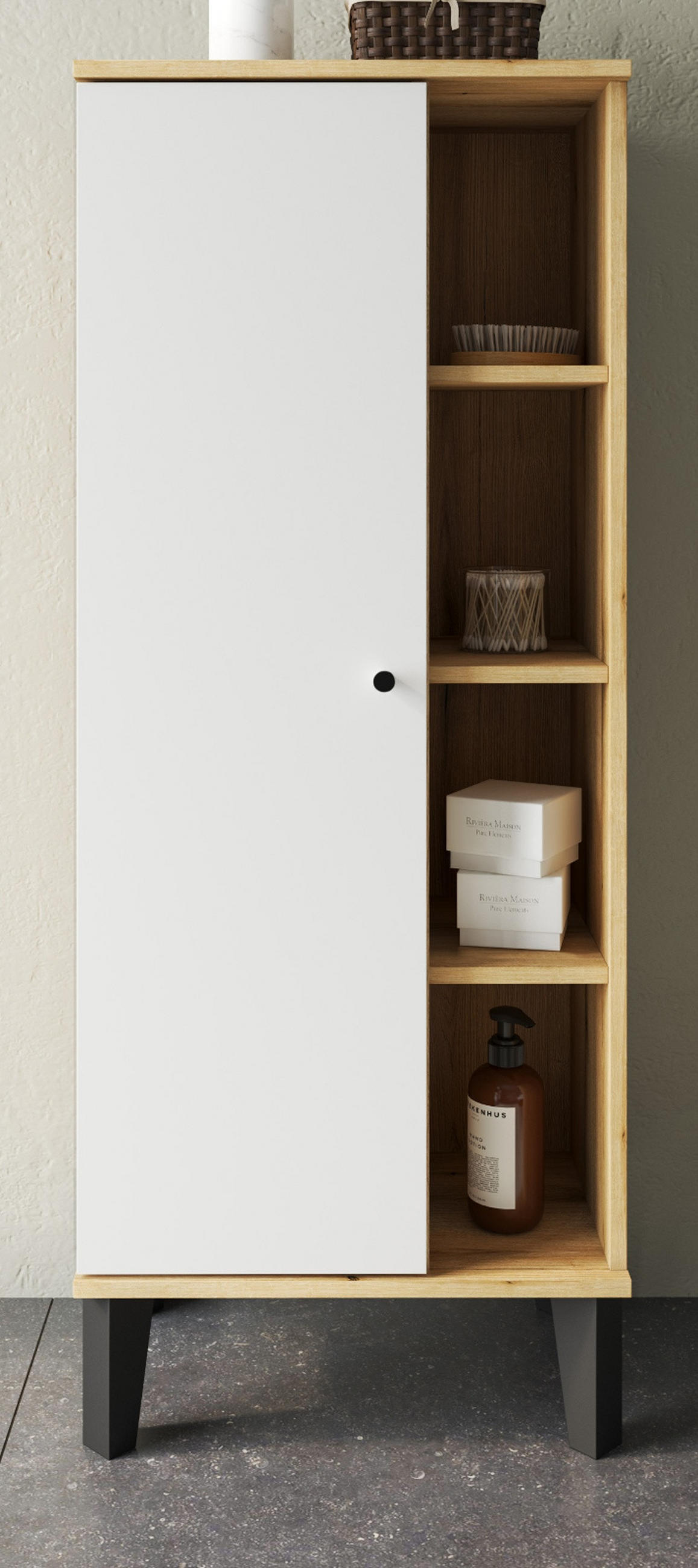 BAD-MIDISCHRANK weiß, Evoke Eiche, Badmöbel Kommode, 51 x 128 cm - Eichefarben/Schwarz, Holzwerkstoff/Kunststoff (51/128/33cm) - Furn.Design