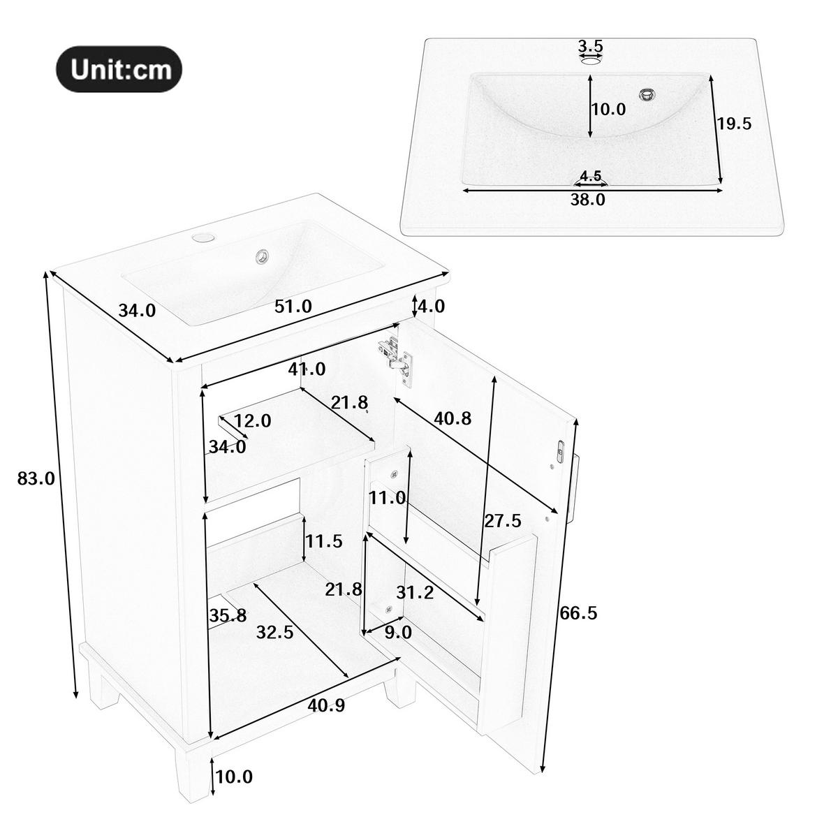 WASCHTISCHKOMBI 51x34x83cm in Weiß mit Keramikbecken & verstellbarem Regal - Weiß, Holzwerkstoff (51/83/34cm) - Modfu
