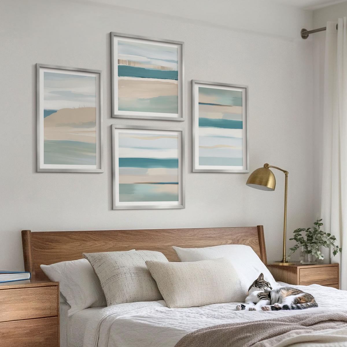 BILDER SET 4er Set - 50x50 cm & 40x60 cm Silberner Rahmen - Abstrakte blaue Landschaften - Silberfarben, Kunststoff (50/50cm) - TULUP