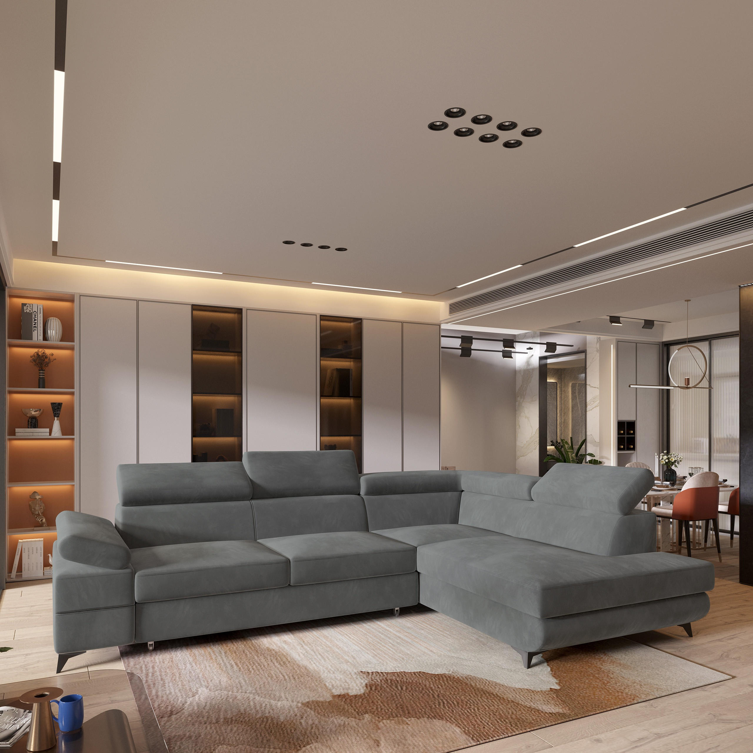 ECKSOFA FAVIEN R-S Grau Velours-Stoff mit Schlaffunktion - Grau, Holz (257/190cm) - MASSENO