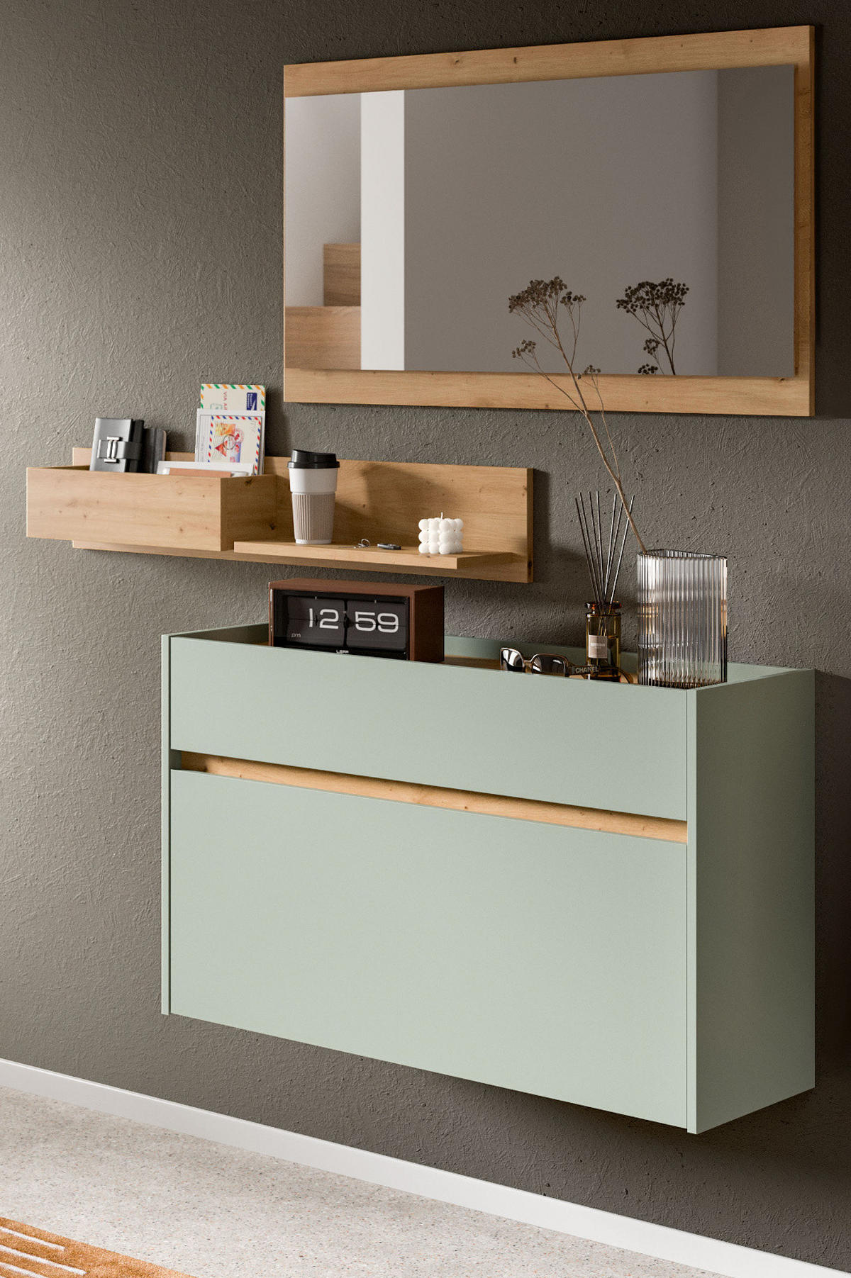 GARDEROBE-SET Salbei und Artisan Eiche, Garderobe 3-teilig, 140 x 197 cm, Borga - Salbeigrün/Eiche Artisan, Holzwerkstoff (140/197/32cm) - Inn.Furn