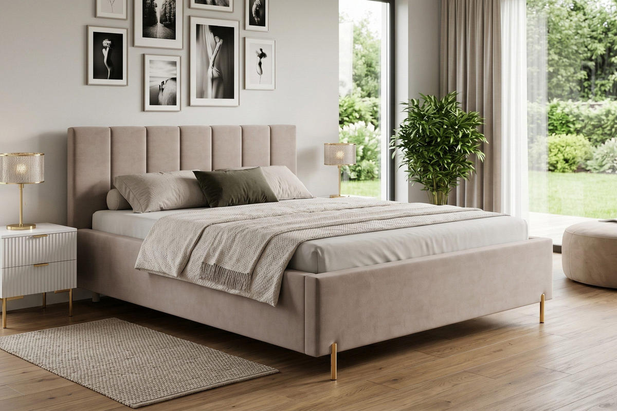 POLSTERBETT GABRIELLE 160/200 in Velours Beige - Beige, Holz/Holzwerkstoff (160/200cm) - Deine Möbel 24