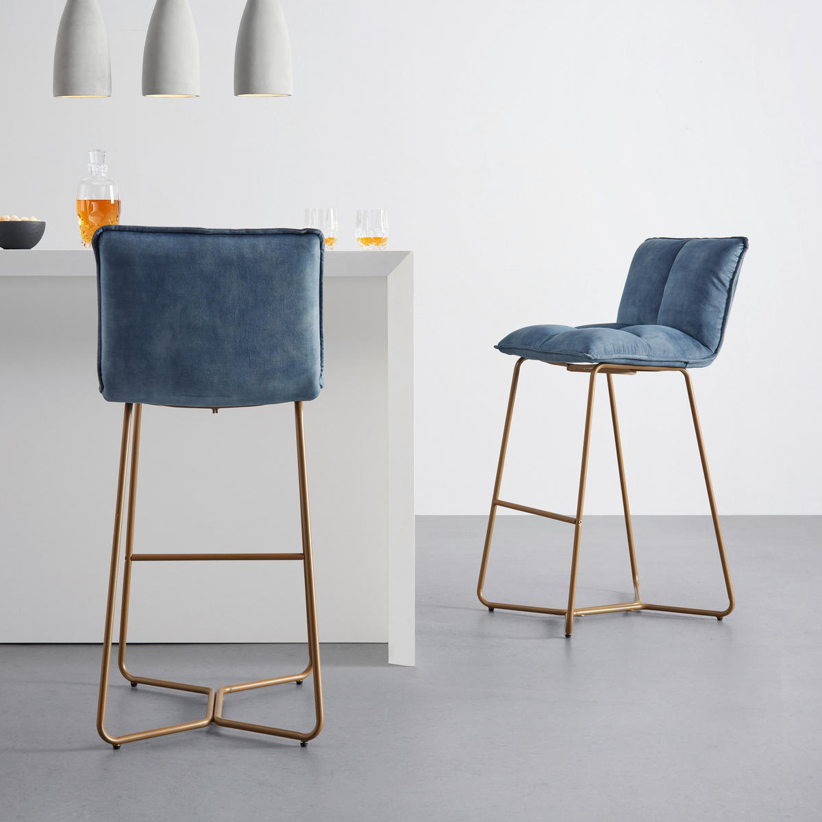 BARHOCKER Fonia Blau Samt Gepolstert - Blau, Holz (46/103.5/57cm) - Bessagi Home
