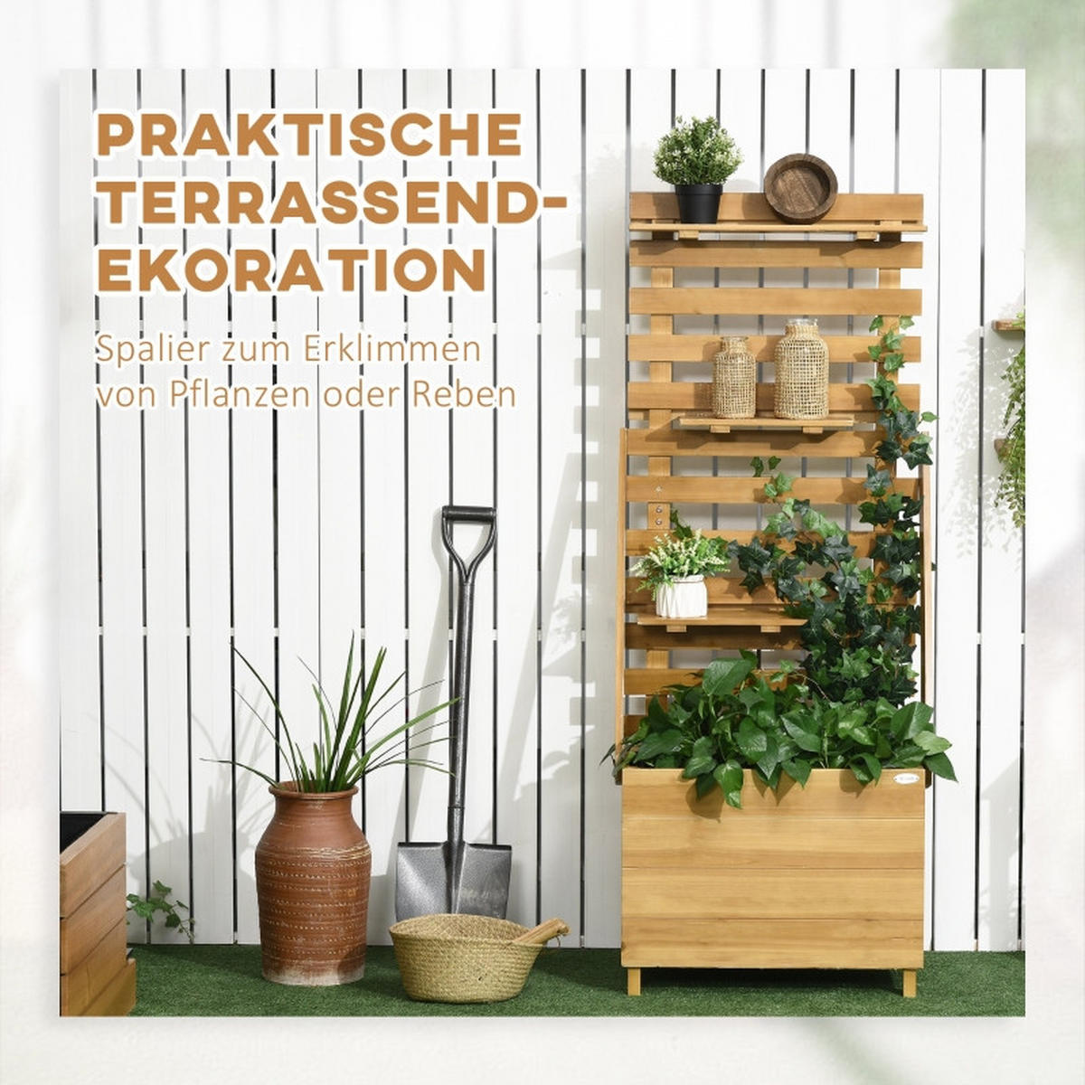 HOCHBEET Massivholz Braun mit Rankgitter und 3 Ablagen 63x39x160 cm - Braun, Holz (39/39/63cm) - ComfortXL