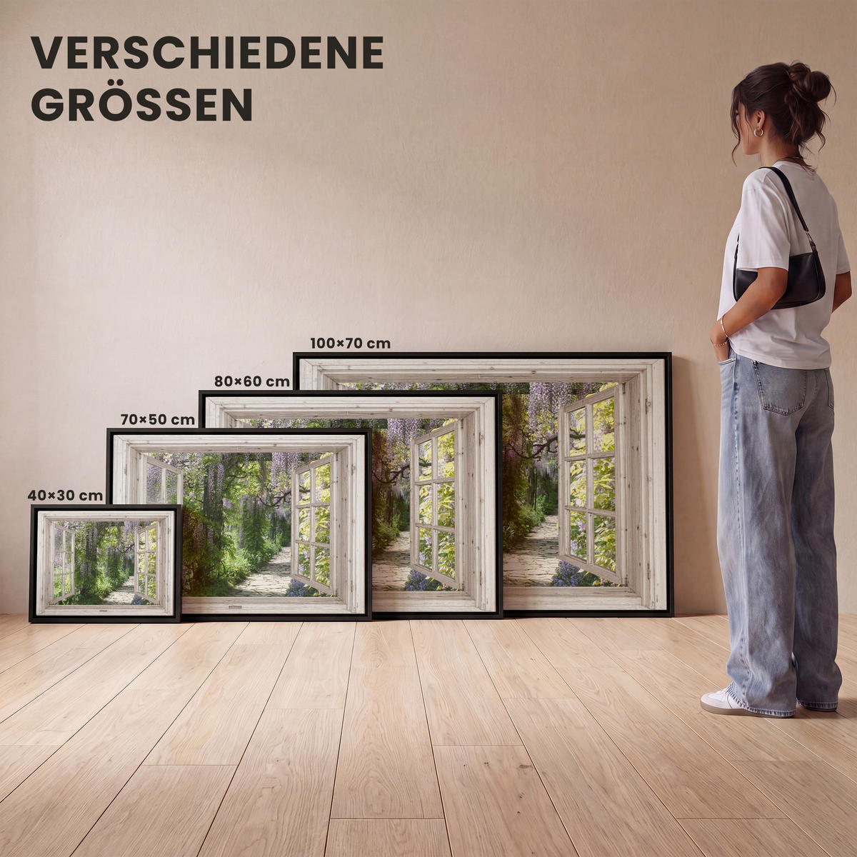 LEINWAND Bilder mit Rahmen - Blauer Regen - Blumen - Aussicht - Baum - Frühling - 80x60 - Grün, Textil (80/60cm) - MuchoWow