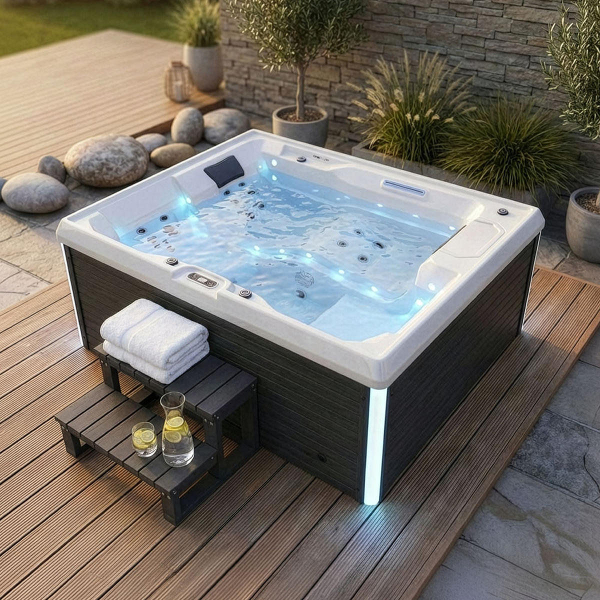 OUTDOOR WHIRLPOOL STREAM - 211 x 156 cm, Mit Treppe und Thermoabdeckung - Anthrazit, Kunststoff (156.5/74.05/211cm) - Home Deluxe