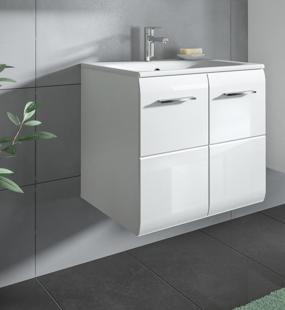 WASCHBECKENUNTERSCHRANK inklusive Waschbecken weiß Hochglanz, Waschtisch hängend 60 cm - Weiß Hochglanz/Silberfarben, Keramik/Holzwerkstoff (60/55/46cm) - Inn.Furn