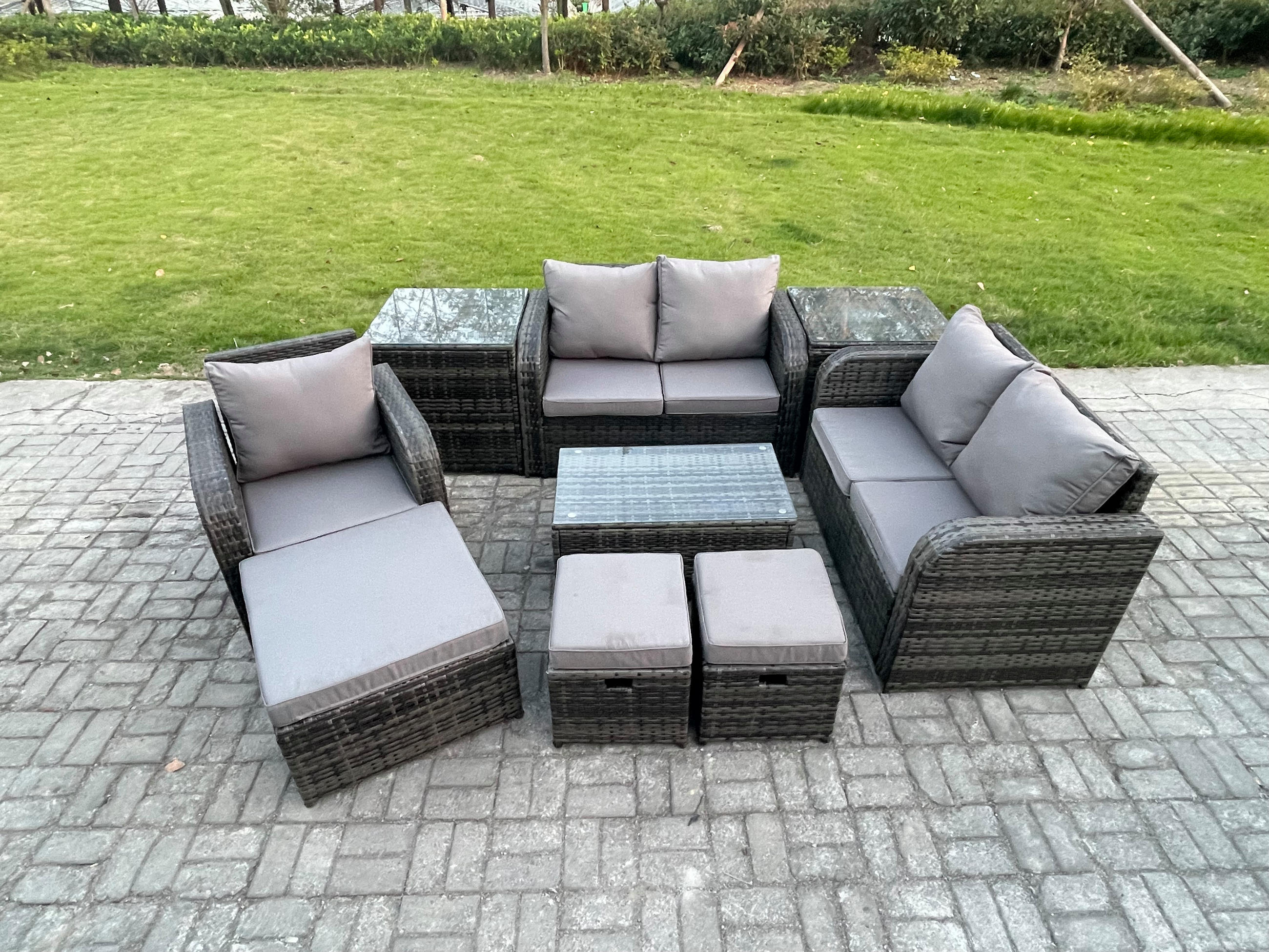 LOUNGESOFA-SET Polyrattan Dunkelgrau 8-Sitzer - Dunkelgrau, Metall - Fimous