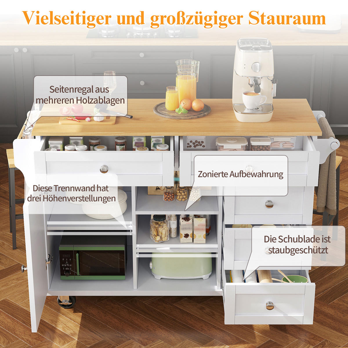 KÜCHENWAGEN mit Rollen 134/46/92 cm Weiß mit 5 Schubladen, Schrank und Gewürzregal - Weiß, Holz/Holzwerkstoff (134/92/46cm) - Oxeza