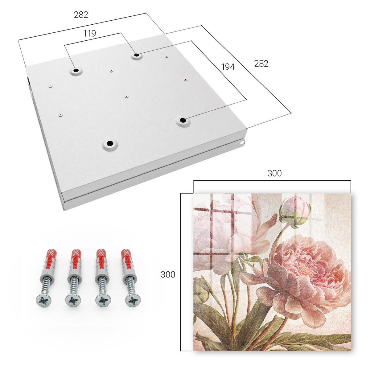 SCHLÜSSELBOX Weiß 30x30 cm – Türöffnung nach rechts - Romantische Botanik - Pink, Metall (30/30/5cm) - TULUP