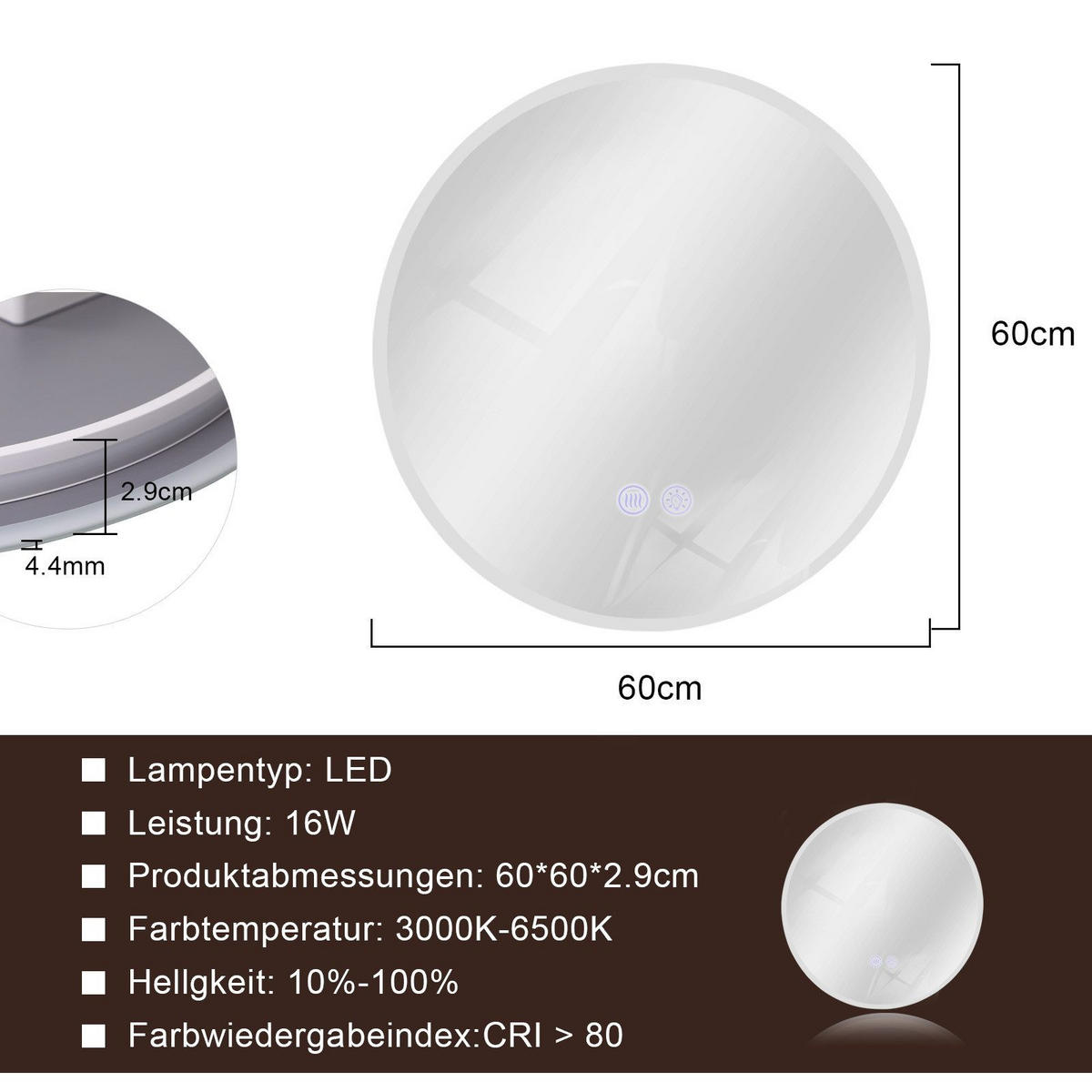 BADEZIMMERSPIEGEL Redfield mit LED-Leuchte Ø60 cm - Weiß, Glas (60/2.9/60cm) - Nettlife