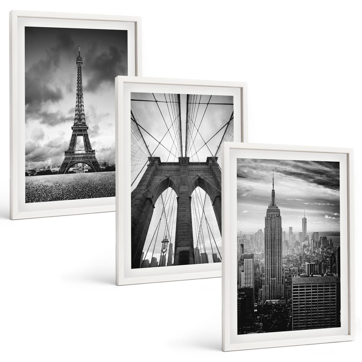 BILDER SET 3er Set - 40x60 cm Weißer Rahmen - Monochromatische Brückentürme - Weiß, Kunststoff (40/60cm) - TULUP