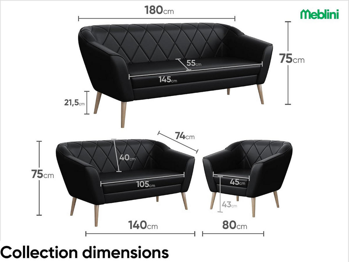 SOFA Gisela (3-Sitzer) - Buchefarben/Schwarz, Holzwerkstoff/Buchenholz (180/75/74cm) - Meblini