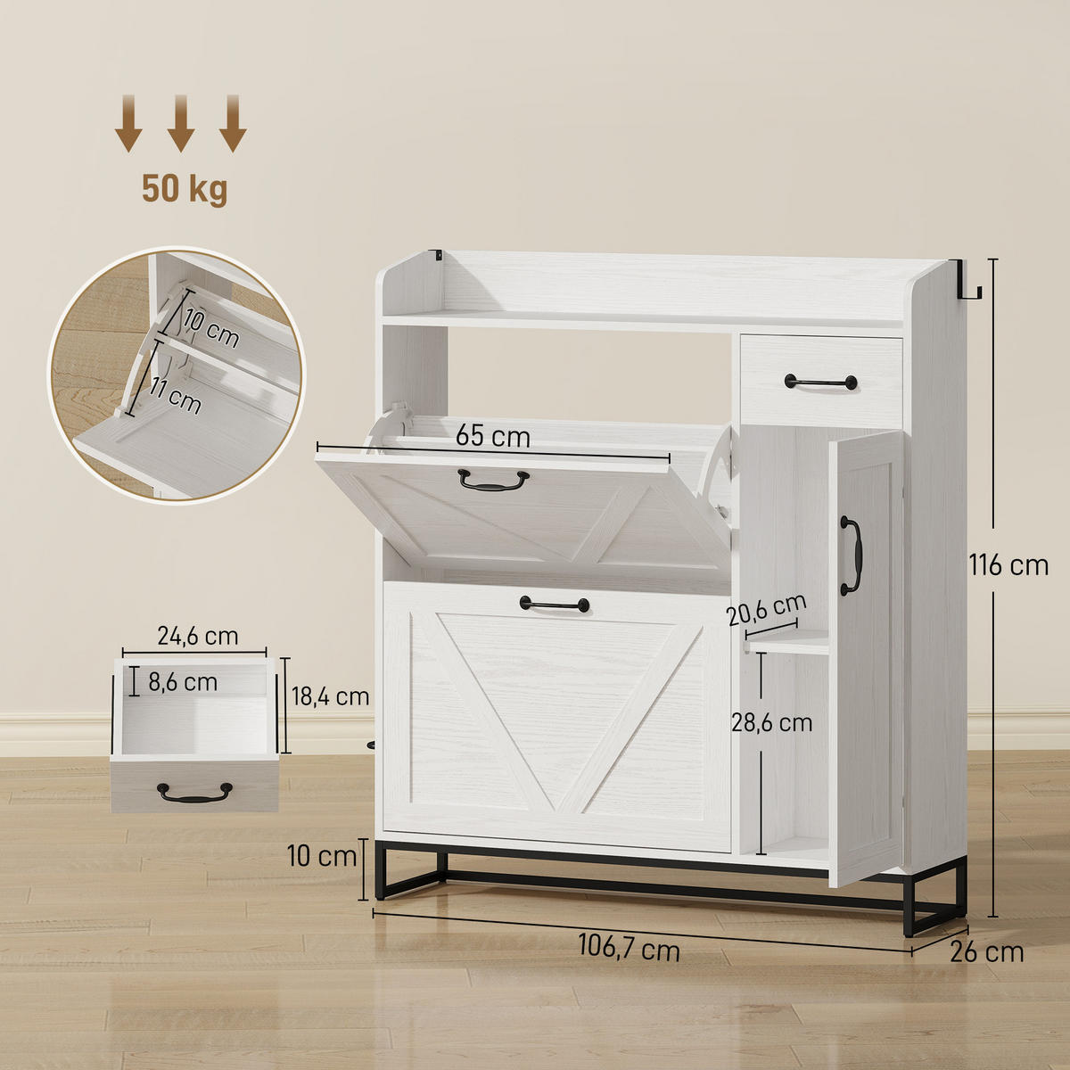 SCHUHSCHRANK,SCHMAL 2 Klappschubladen für 12 Paar 106,7x26x116cm,weiß - Weiß, Holzwerkstoff (106.7/116/26cm) - Vallsero