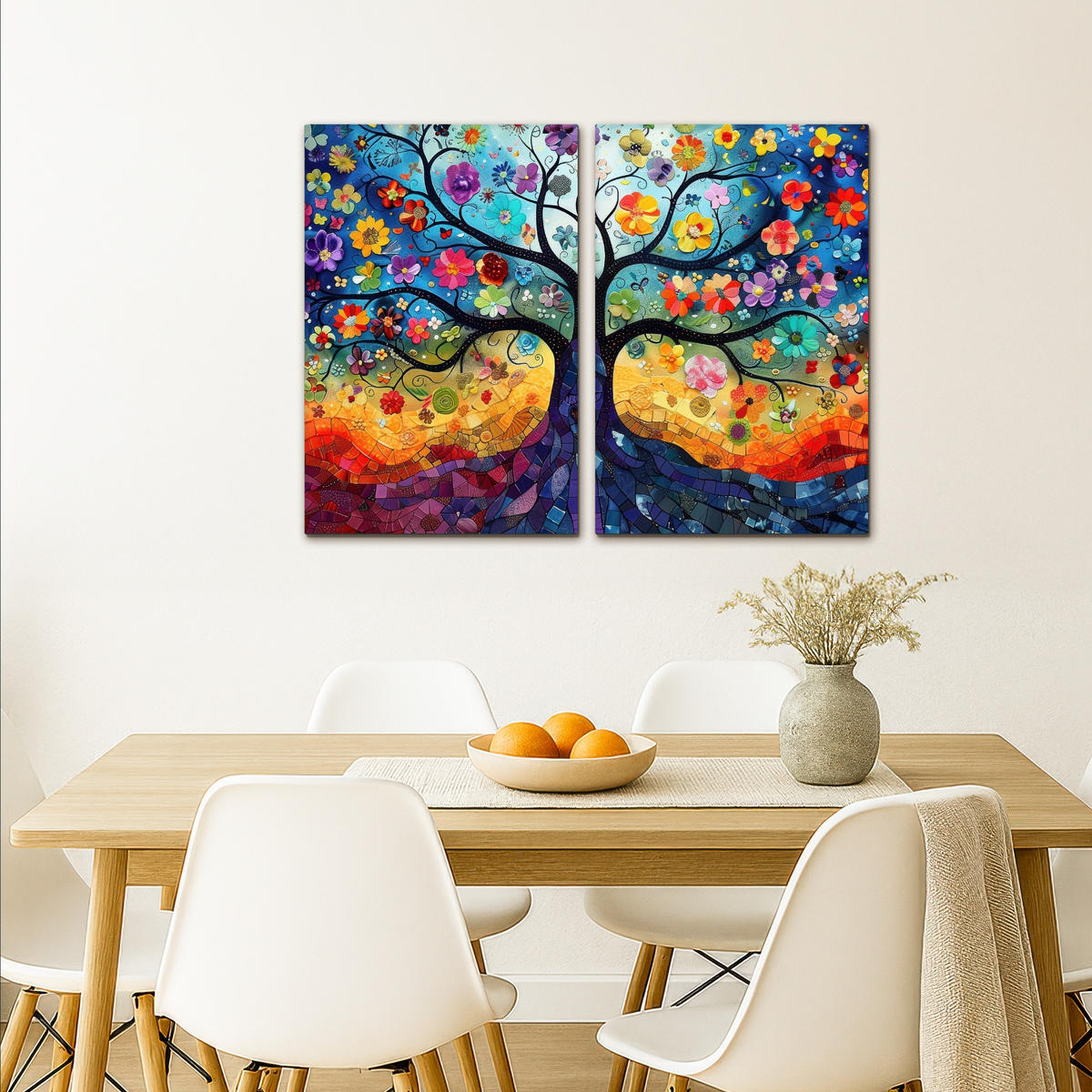 LEINWANDBILD 2er Set Bunt - Baum des Lebens - Blumen - Abstrakt 80x60 cm - Blau, Textil (80/60cm) - MuchoWow