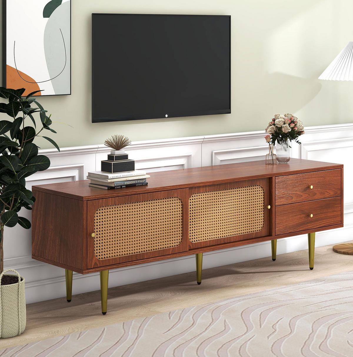 LOWBOARD 160/40/60 cm in Walnuss mit Rattan-Schiebetüren und 2 Schubladen - Weiß, Holzwerkstoff (160/60/40cm) - Flora Grace