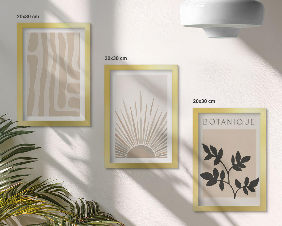 WANDBILDER 3er Set - 20x30 cm Goldrahmen - Abstrakte Pflanzenmuster - Goldfarben, Kunststoff (20/30cm) - ArtPrintCave