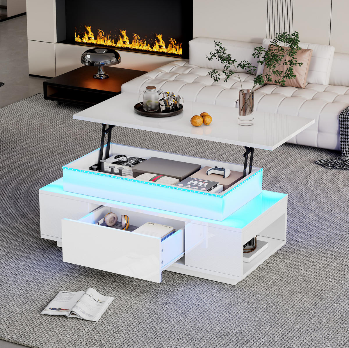 COUCHTISCH aus Spanplatte 96x45x40 cm Weiß höhenverstellbar mit LED-Beleuchtung und Stauraum - Weiß, Holzwerkstoff (96/45/40cm) - IVMEU