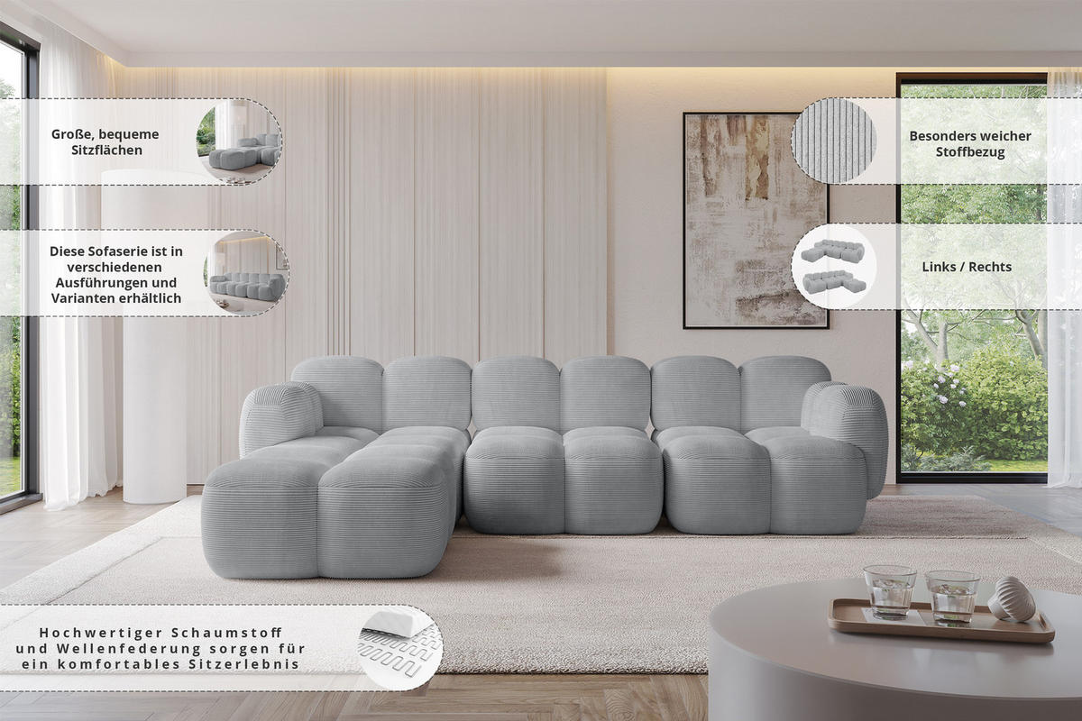 ECKSOFA modulares Sofa Links Miko-L2 302x205x75 Braun Bouclé - Dunkelbraun/Schwarz, Holzwerkstoff/Kunststoff (302/205cm) - ALTDECOR
