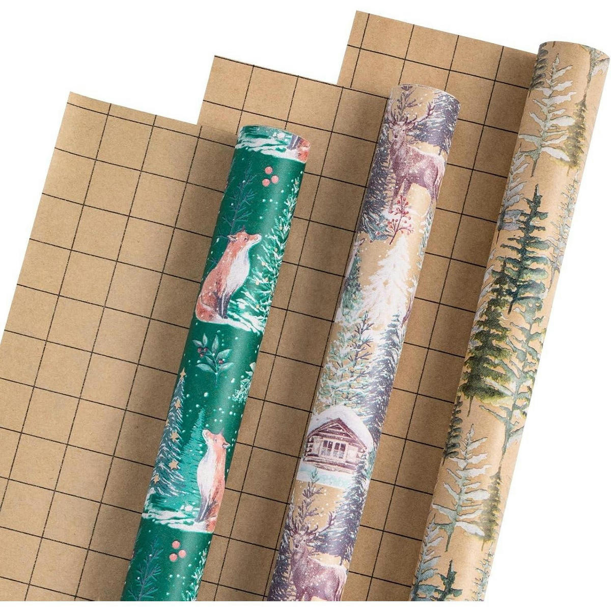GESCHENKPAPIER 3er Set Kraftpapier Weihnachten Fuchs Rentier Baum 43,2 cm x 3 m - Multicolor, Papier (4/44/10cm)