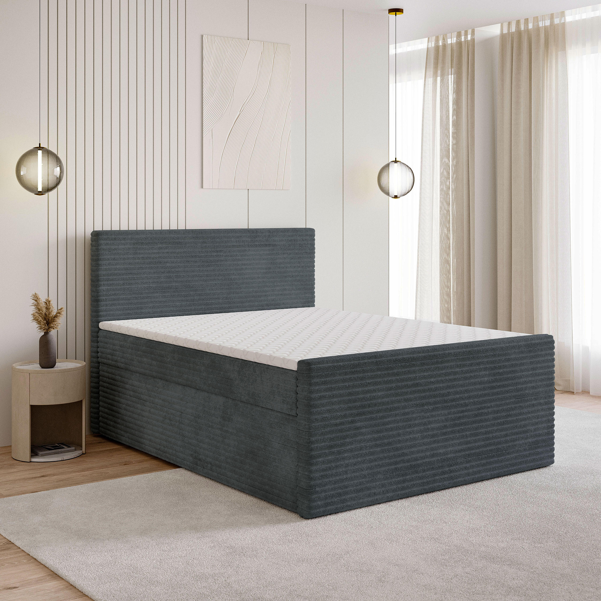 BOXBETT NOLEN 180x200 cm mit Matratze und Topper - Grau - Grau, Holz (180/200cm) - MASSENO