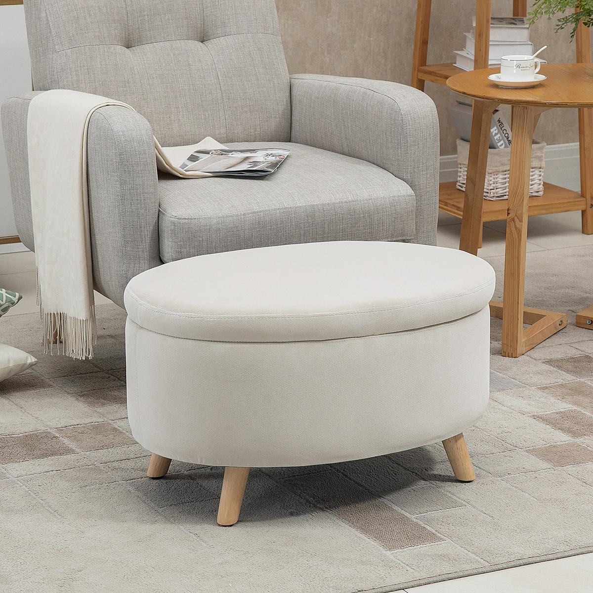 SITZBANK mit Stauraum, Oval Polsterbank mit Deckel, Bettbank mit Samtoptik Beige - Blau, Kunststoff (51.5/42/71cm) - HOMCOM
