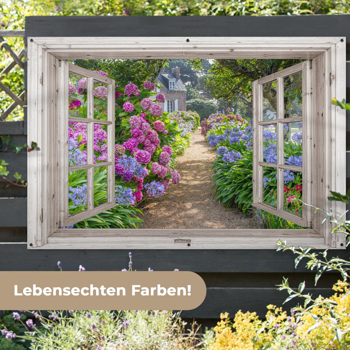 ZAHRADNÍ PLAKÁT Hortenzie - Průhledné - Květiny - Léto - Fialová - Cesta 180x120 cm - zelená barva, plast (180/120/0.2cm) - OnlyWow