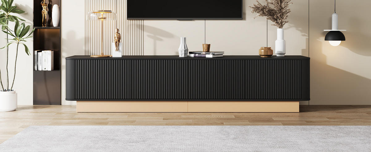 TV-LOWBOARD 200 cm geriffelt 4 Türen - Schwarz, Holz (200/47.5/40cm) - LEBENLANG