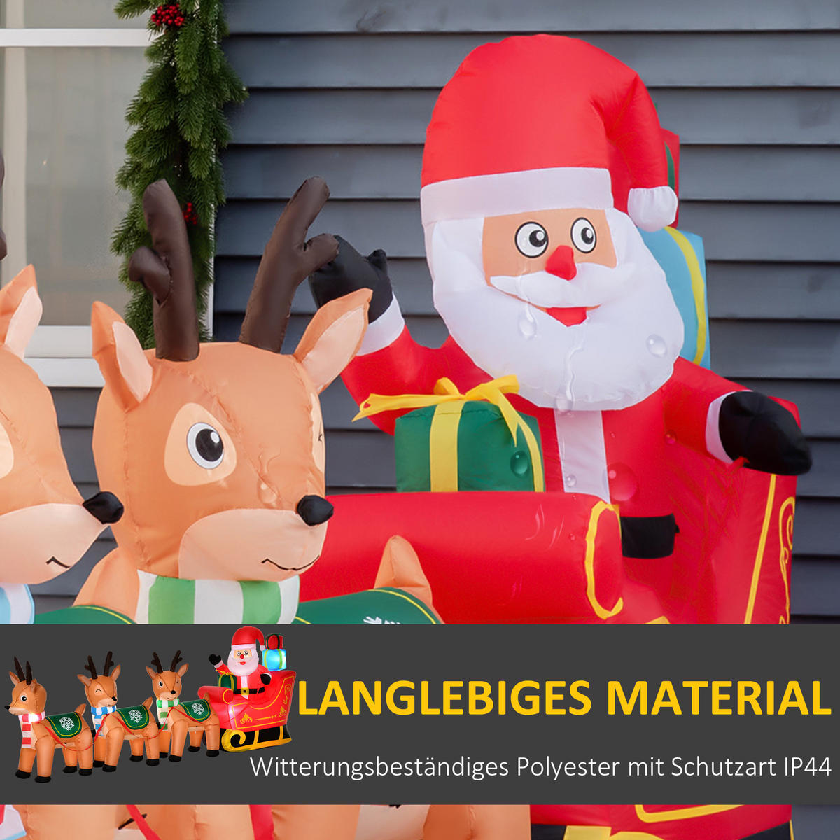 AUFBLASBARER Weihnachtsmann auf Schlitten Dekoration 1,3 m mit Lichtern - Multicolor, Kunststoff (59/132/319cm) - HOMCOM