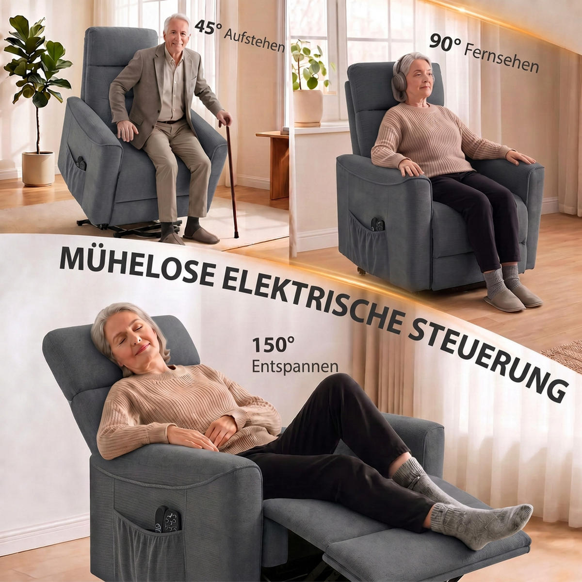 RELAXSESSEL mit Aufstehhilfe Polyester Dunkelgrau - Greige/Dunkelgrau, Textil/Metall (83/106/93cm) - HOMCOM