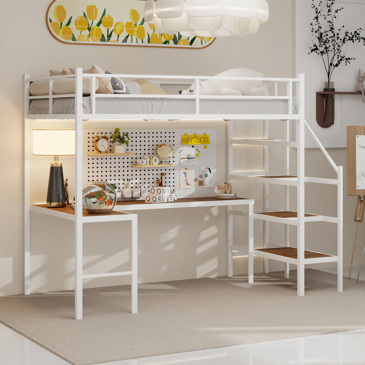 HOCHBETT Schreibtisch L Form Stauraum - Weiß, Metall - LEBENLANG