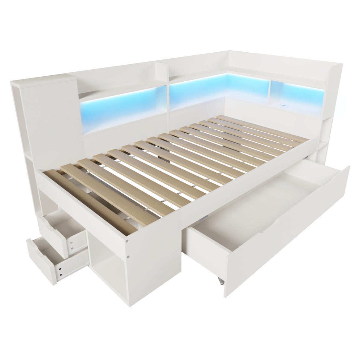 ČALÚNENÁ posteľ z dreveného materiálu 90/190 cm biela s LED osvetlením, USB a úložným priestorom - biela, textil (90/190cm) - BEAOK