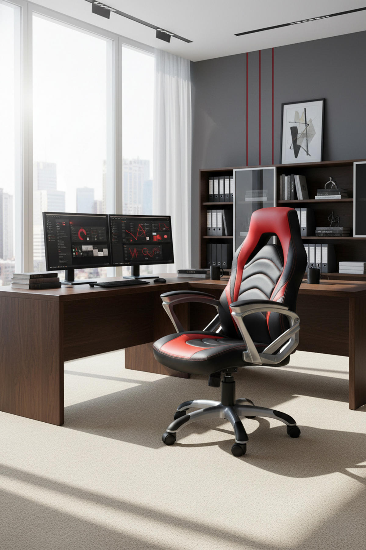 BÜROSTUHL Ikaron Kunstleder schwarz/rot - Rot/Schwarz, Kunststoff/Metall (65/117/72cm) - TPFLiving