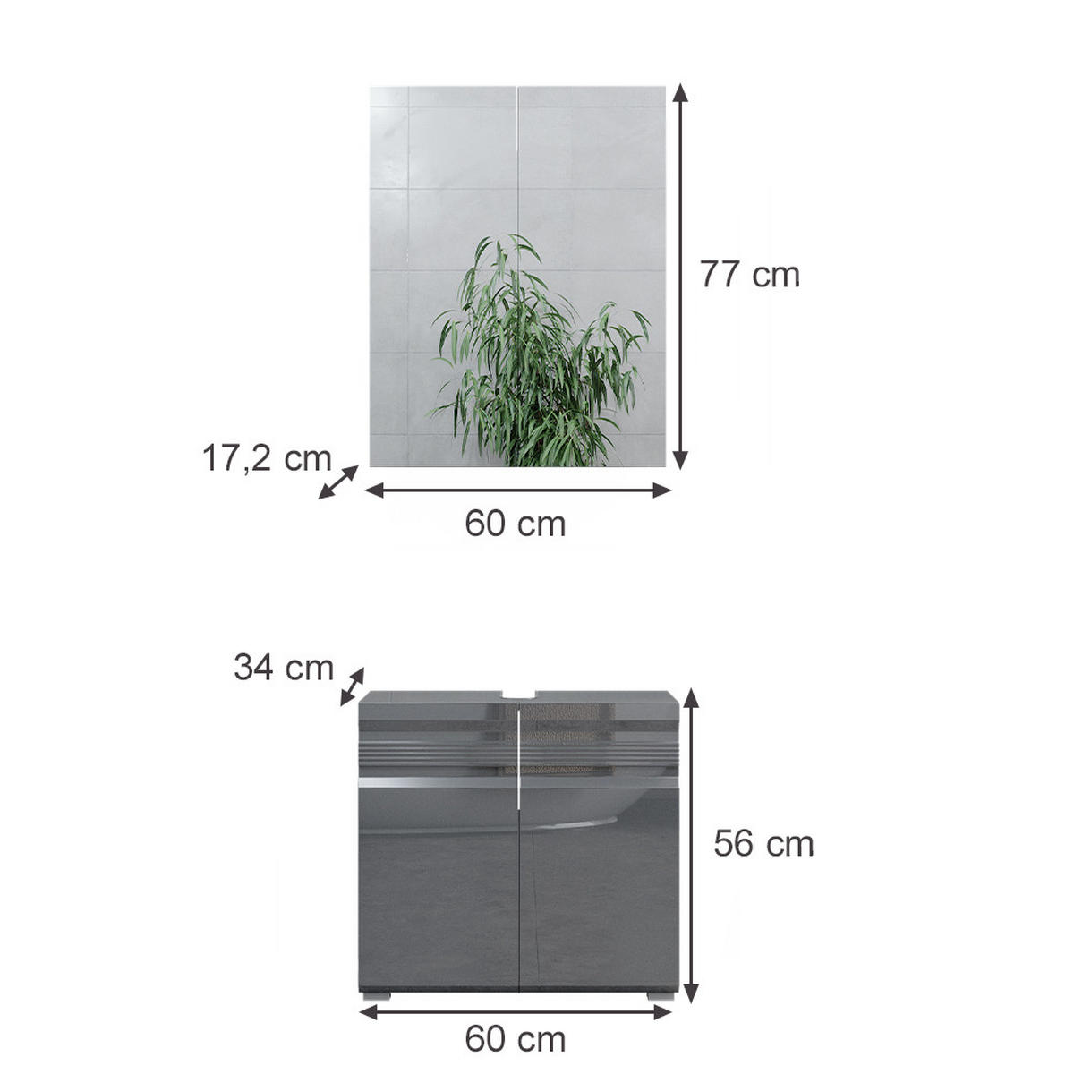 BADMÖBEL-SET Fredd Anthrazit Hochglanz 2 Teile - Anthrazit, Holzwerkstoff (56/60/34cm) - Vicco