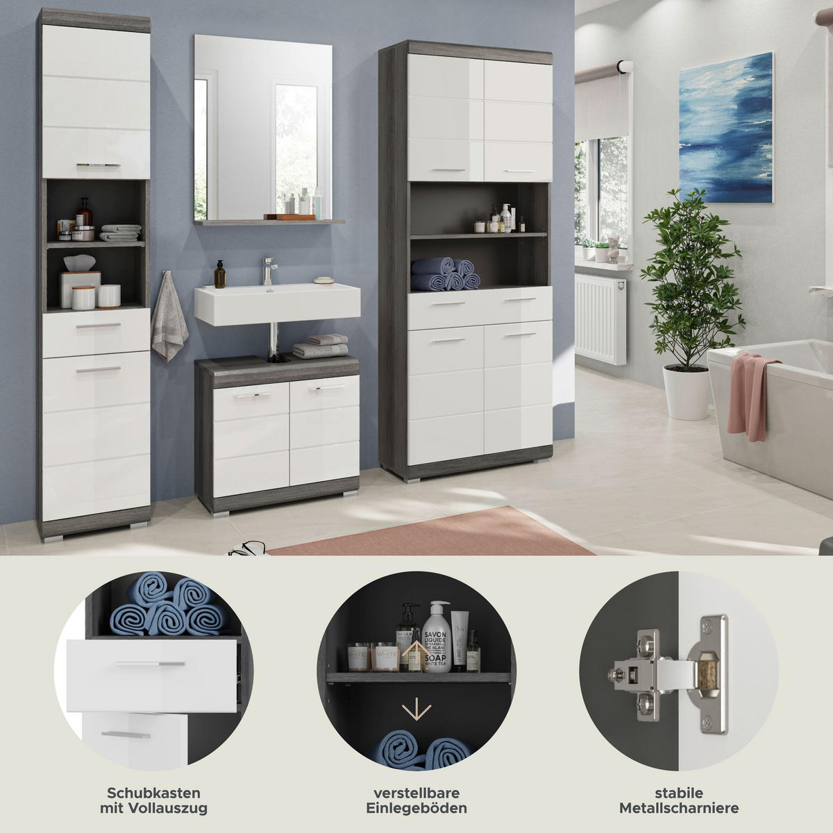 BADKOMBINATION 4tlg. Scout Bad in Rauchsilber Nachbildung und weiß hochglanz B/H/T: 186x191x34 cm - Anthrazit, Holz (186/191/34cm)