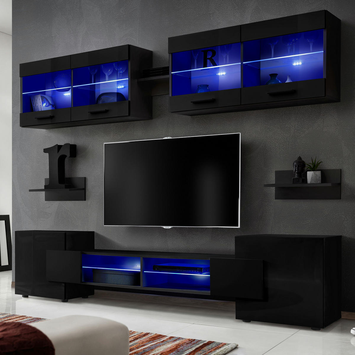 WOHNZIMMERSET Foggia, 6er-Set, Schwarz, Front Hochglanz Schwarz, LED Blau - Schwarz, Glas/Holzwerkstoff (230/190/45cm) - Komodee
