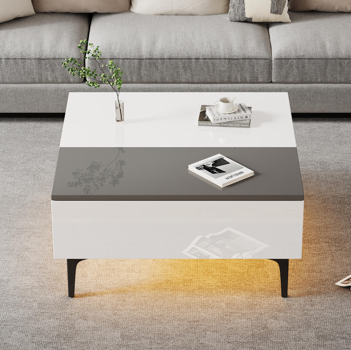 COUCHTISCH höhenverstellbar 70x70 cm MDF Weiß-Grau mit LED - Weiß, Wellpappe (70/70/35cm) - Meubliv