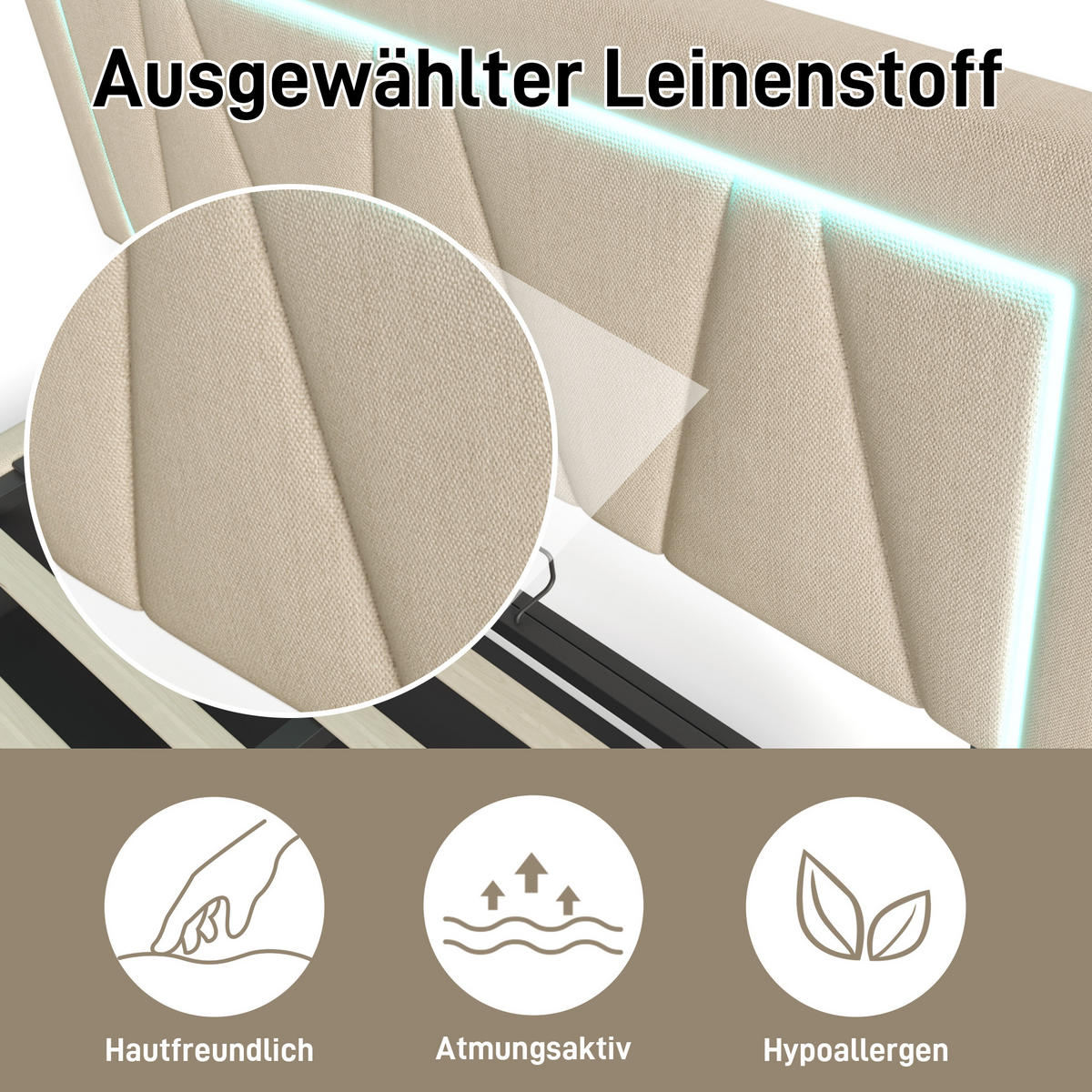 POLSTERBETT mit Stauraum, USB und LED 140x200 cm Leinen Beige - Beige, Metall (140/200cm) - Meubliv
